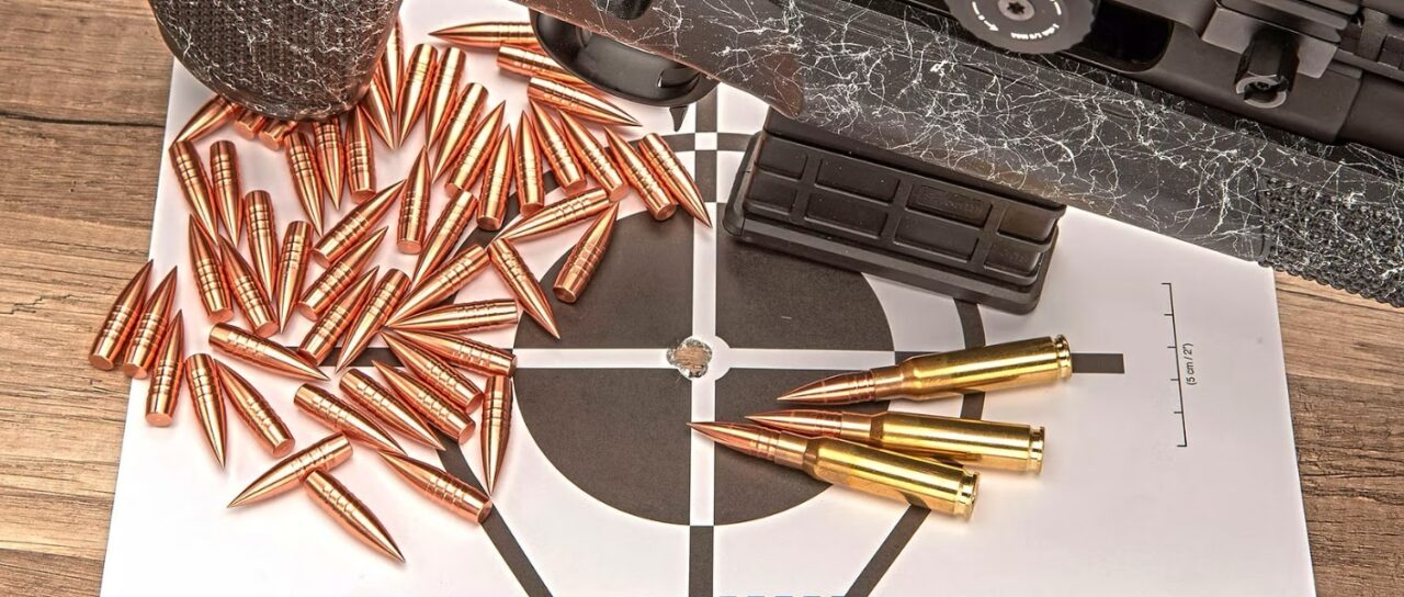 Image of bullets on a table, with rifle